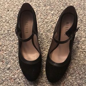 Black suede Mary Jane style heels